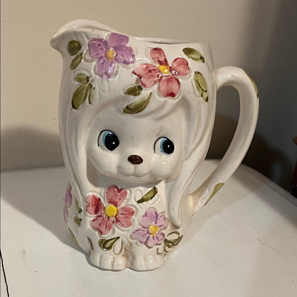 MCM KITSCH Puppy Dog Ceramic Pitcher - RELPO 6481 - Floral - NO CHIPS OR CRACKS